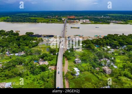 Aerial view of Shaheed Abdur Rob Serniabad Bridge, popularly known as Dapdapia Bridge, over Kirtankhola River on the Barisal-Patuakhali highway. Baris Stock Photo