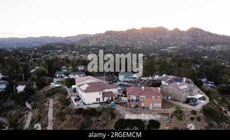 Sunset aerial view of a suburban neighborhood in Chatsworth, Los Angeles, California. Stock Photo