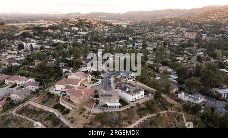 Sunset aerial view of a suburban neighborhood in Chatsworth, Los Angeles, California. Stock Photo