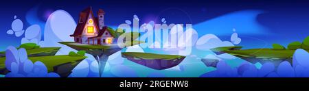 Fantasy house floating on magic island in night sky. Vector cartoon illustration of fairytale cottage with light in windows flying on land surrounded by stars and fluffy clouds, game level platform Stock Vector