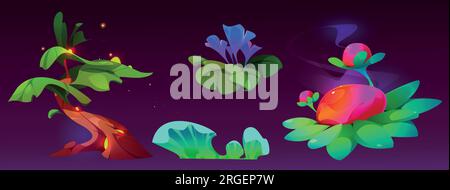 Set of magic tree and flowers isolated on dark background. Vector cartoon illustration of neon color fairytale plants, fantastic tropical garden flora, mushrooms and fireflies, alien planet nature Stock Vector