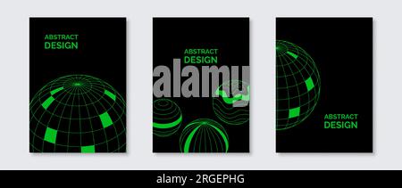 Abstract futuristic poster designs with wireframe spheres. 3D grid circles with different patterns. Green neon globes template layout for flyer, presentation, banner, cover, background. Vector set Stock Vector