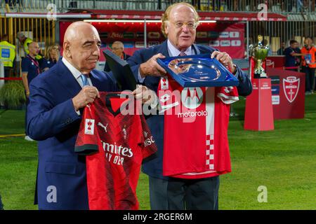 Monza, Italy 08/08/2023, Adriano Galliani and Paolo Scaroni, President of Ac Milan during the Trofeo Silvio Berlusconi, Silvio Berlusconi Trophy, football match between AC Monza and AC Milan on August 8, 2023 at U-Power Stadium in Monza, Italy Stock Photo