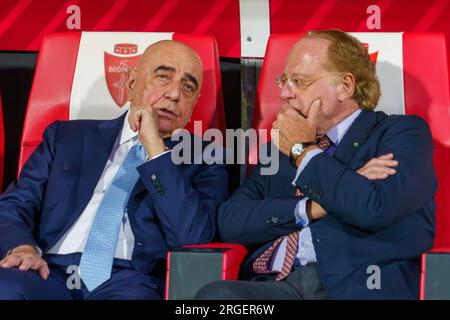 Monza, Italy 08/08/2023, Adriano Galliani and Paolo Scaroni, President of Ac Milan during the Trofeo Silvio Berlusconi, Silvio Berlusconi Trophy, football match between AC Monza and AC Milan on August 8, 2023 at U-Power Stadium in Monza, Italy Stock Photo