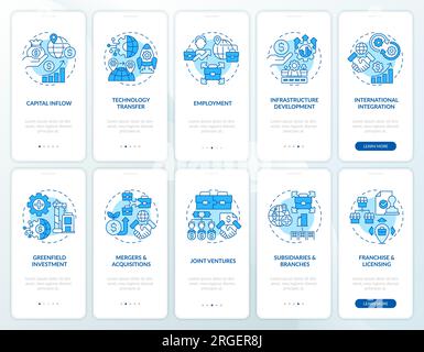 Walkthrough foreign direct investment with linear icons Stock Vector
