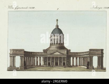 Kazan Cathedral, St. Petersburg, Russia. With colonnade, dome and statues of the archangels Gabriel and Michael. Built for Count Alexander Sergeyevich Stroganov by Russian architect Andrey Voronikhin in the reign of Alexander I. Handcoloured copperplate engraving from Carl Bertuch's Bilderbuch fur Kinder (Picture Book for Children), Weimar, 1810. A 12-volume encyclopedia for children illustrated with almost 1,200 engraved plates on natural history, science, costume, mythology, etc., published from 1790-1830. Stock Photo