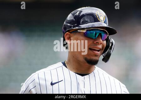 Milwaukee Brewers' William Contreras smiles during the first