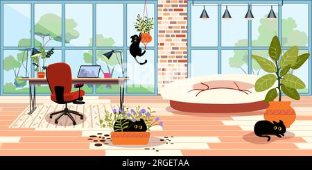 Office facilities and design isolated cartoon vector illustrations set. Funny black cats in the room play and hide in indoor plants. Retro style 60s, 70s. Pet friendly. Bright interior with large windows and wooden floors. Stock Vector