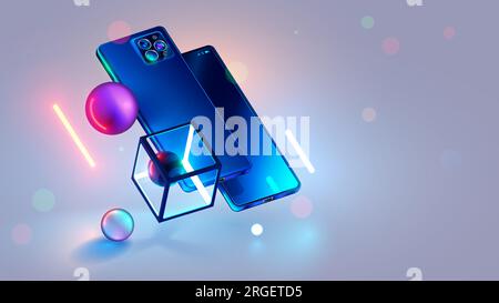 Phone hovered at an angle above surface among geometric 3d shapes in neon glow. Mobile smartphone rotated camera up on futuristic background. Smart Ce Stock Vector