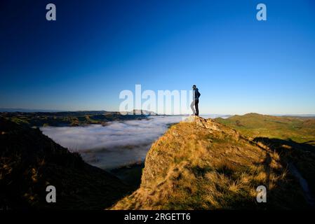 Hiker on top of Te Mata Peak, New Zealand Stock Photo