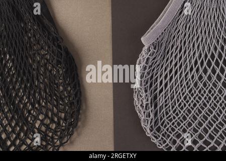 Black and grey mesh net bags with copy space on light and dark