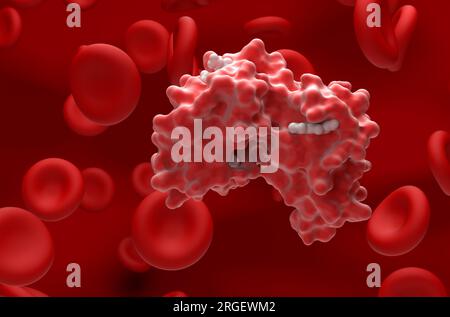 Oxyhaemoglobin and haemoglobin cells in the blood flow - closeup view 3d illustration Stock Photo
