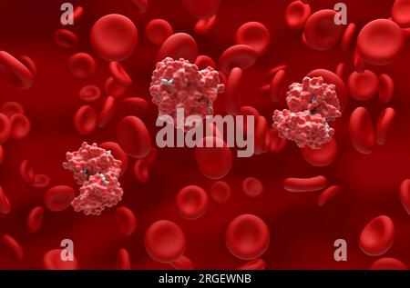 Oxyhaemoglobin and haemoglobin cells in the blood flow - isometric view 3d illustration Stock Photo