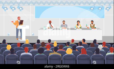 Man speaker performing front of audience on conference Stock Vector