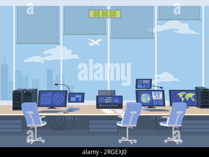 Airport control room with computer and surveillance technology Stock Vector