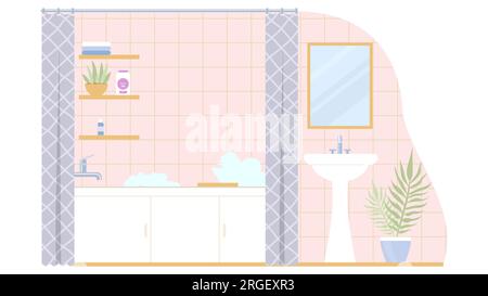 Home bathroom interior background with sink, bathtub and shelves Stock Vector