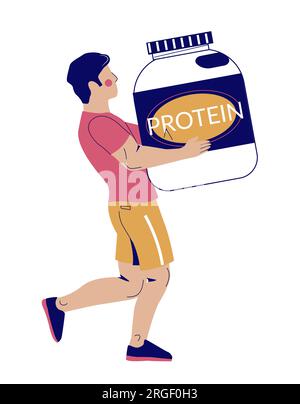 Athletic muscular sportsman carrying huge protein powder jar Stock Vector