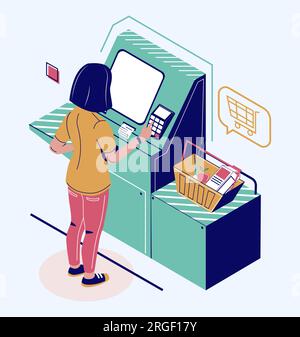 Woman using self ordering service for buying grocery food Stock Vector