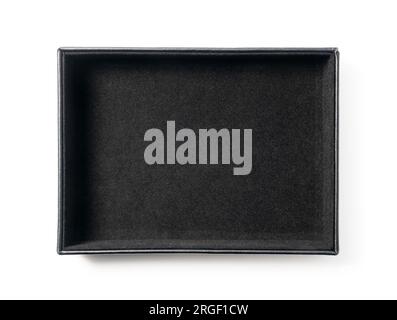 A black leather tray set against a white background. View from directly above. Stock Photo