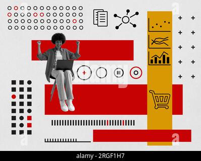 Collage with a joyful woman working on a laptop. Digital marketing concept. Stock Photo