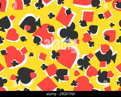 Seamless pattern with card suits: diamonds, hearts, clubs, spades in 3d style. Isometric 3d card suit symbols on yellow background. Design of printing Stock Vector