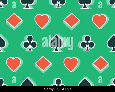 Seamless pattern with card suits: diamonds, hearts, clubs, spades in 3d style. Isometric 3d card suit symbols on green background. Design of printing, Stock Vector