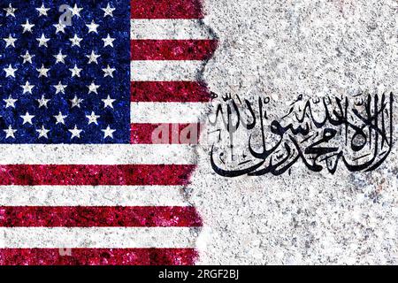 Flags: USA, Taliban. USA and Taliban relations. Afghanistan civil war Stock Photo