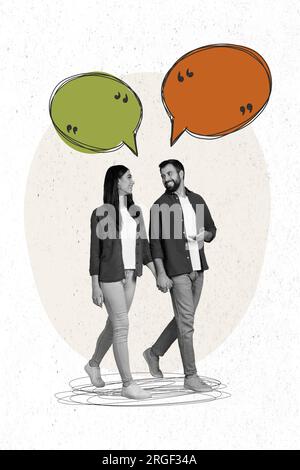 Collage of two young lovers family wife husband together speaking together phrase quotes discussion isolated on beige color background Stock Photo