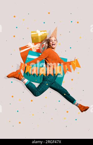 Vertical collage image of overjoyed girl jumping hold birthday flags big giftbox painted stars isolated on grey background Stock Photo