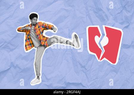 Artwork collage sketch metaphor of mad crazy guy unpopular blogger kicking heart obession social media isolated on paper background Stock Photo