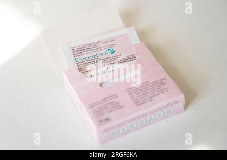 Evorel Sequi HRT Patches - Everol Sequi is a sequential or cyclical HRT, for women who are still having periods but have menopausal symptoms Stock Photo