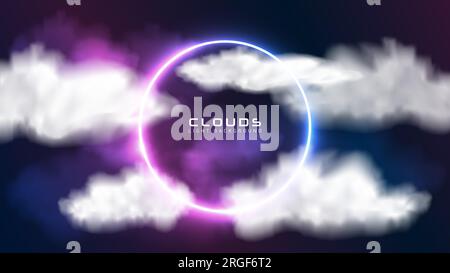Abstract vector cloud minimal background with pink blue neon light round frame with white clouds, glowing geometric shape in sky. Glow circle sci-fi Stock Vector