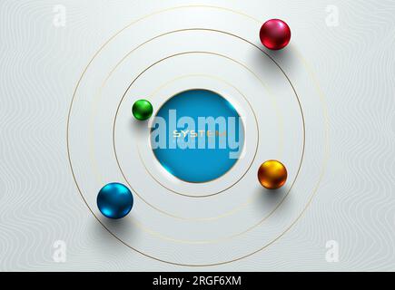Shiny metallic spheres orbit around cut blue center frame on white background. Science or education futuristic abstract design. Solar system golden Stock Vector