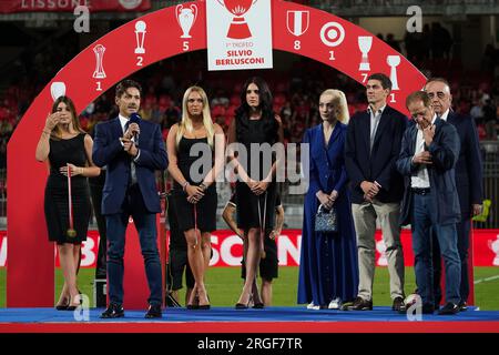 Monza, Italy - August 8, 2023, Pier Silvio Berlusconi, Ad Mediaset Spa, Marta Fascina, Luigi Berlusconi, Paolo Berlusconi, Adriano Galliani, during the Trofeo Silvio Berlusconi, Silvio Berlusconi Trophy, football match between AC Monza and AC Milan on August 8, 2023 at U-Power Stadium in Monza, Italy - Photo Morgese Stock Photo