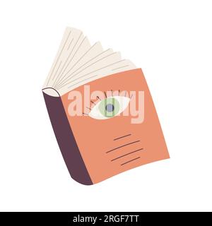 An open hardcover book with eye on cover. A symbol of learning, education. Literature, reading. Color flat cartoon vector illustration isolated on a w Stock Vector
