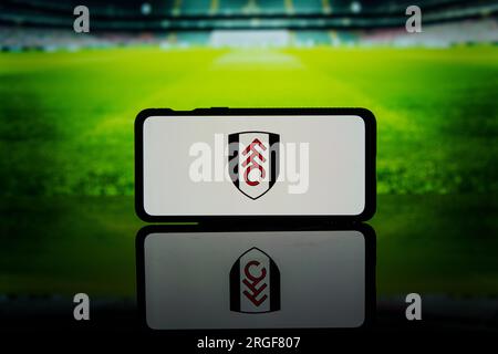 Logo of English Premier League championship club Fulham on screen Stock Photo