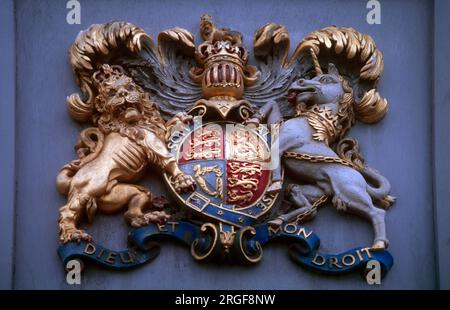 British Royal Coat of Arms  Dieu Et Mon Droit (God and My Right) - Lion Representing England and Unicorn Representing Scotland Stock Photo