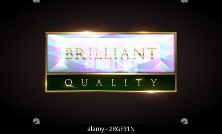 Brilliant quality product banner tag. Premium rectangle diamond label with golden frame and green line on black background. Dark luxury logo template. Stock Vector