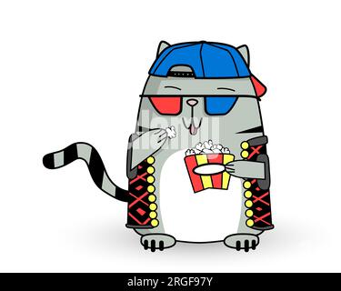 Cool cartoon gray cat mascot eat pop corn in cap, colorful vest, 3D glasses. Cute, funny striped pet character. Vector flat style illustration Stock Vector