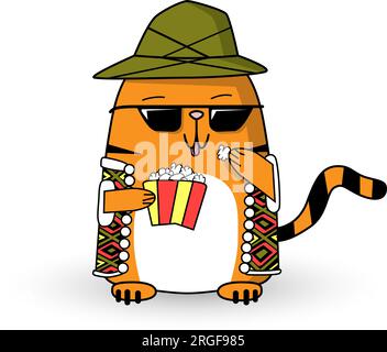 Cool cartoon red cat mascot eat pop corn in hat, colorful vest, sunglasses. Cute, funny striped pet character. Vector flat style illustration Stock Vector