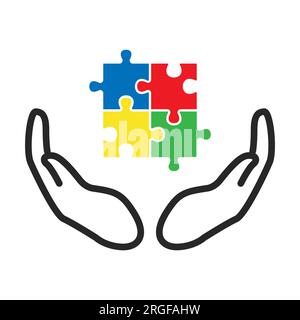 Autism Colorful Jigsaw puzzle with open hands on white background. Isolated illustration. Stock Photo