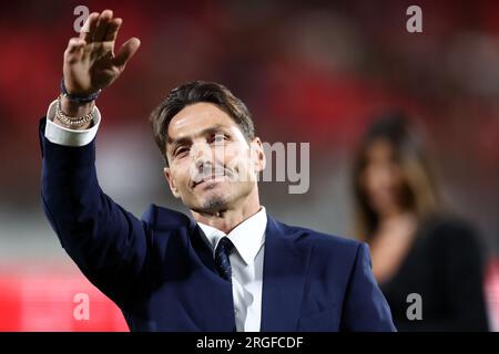 Monza, Italy. 08th Aug, 2023. Pier Silvio Berlusconi president of Mediaset greats the fans at the end of the Silvio Berlusconi trophy match beetween Ac Monza and Ac Milan at UPower Stadium on August 8, 2023 in Monza, Italy Credit: Marco Canoniero/Alamy Live News Stock Photo