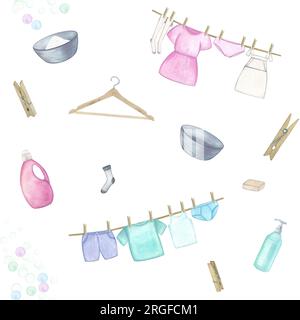 Laundry. Seamless pattern with basin, washing gel powder soap linen, clothes, hanger, clothespins, bubbles. Watercolor illustration on a white backgro Stock Photo