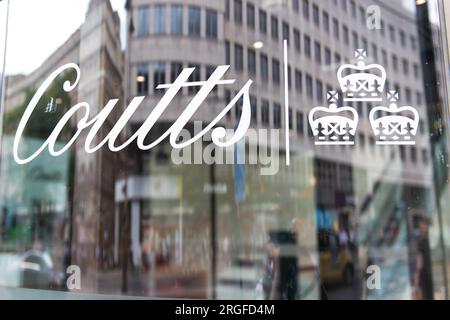 A general view of Coutts bank's sign at its London branch at The Strand in London, England, UK on Saturday 29 July, 2023.    The bank, which is part o Stock Photo