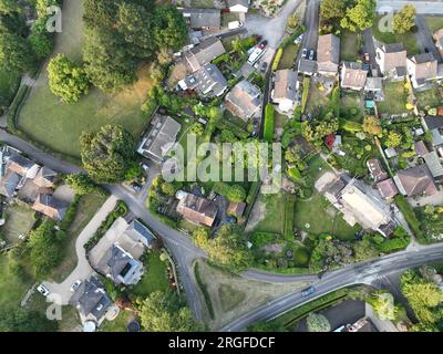 An aerial view looking down on low density lowrise housing in a semi rural suburban setting Stock Photo