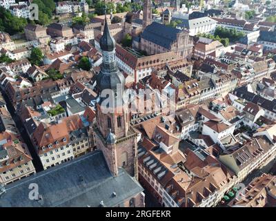 Aerial view of Heiliggeistkirche church and Heidelberg University campus in the old town, Heidelberg, Baden-Württemberg, Germany Stock Photo