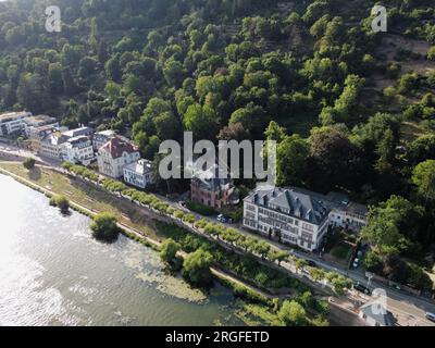 Aerial overhead photo of the villas by the Neckar river bank in Neuenheim, Heidelberg, Germany Stock Photo