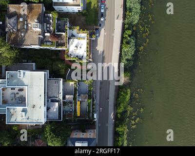 Aerial top down photo of the villas and road parallel with the river bank in Neuenheim, Heidelberg, Germany Stock Photo