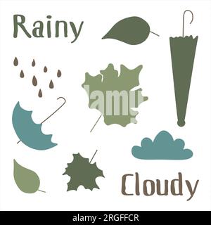 Autumn or spring cartoon set. Vector flat seasonal nature collection. Umbrella, leaf, leaves, rain, text, lettering, cloud. Design elements for sale Stock Vector