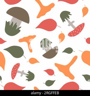 Seamless pattern with Mushrooms and Leaves. Endless repeatable nature Vector background for textile, banner, fabric, wrappining paper. Autumn Stock Vector